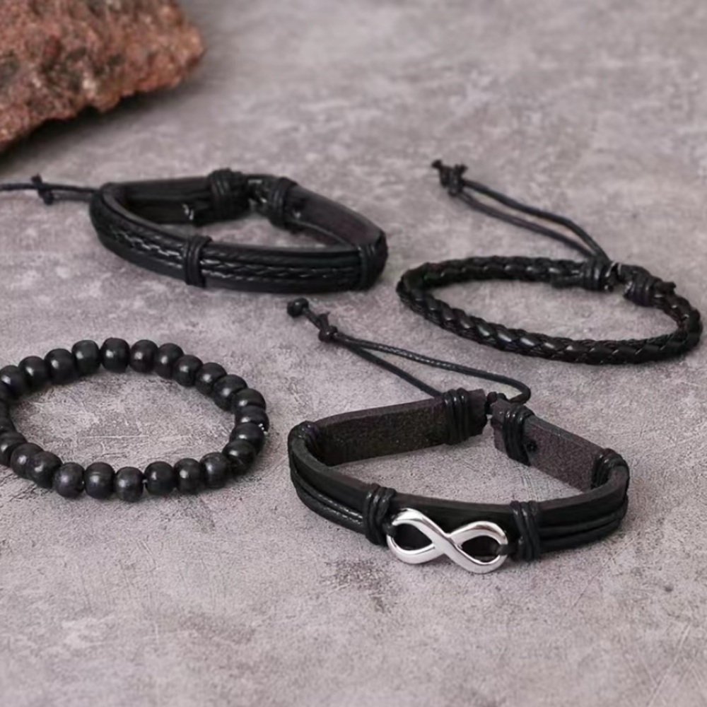 Men's Black Genuine Leather & Bead Four Pice Set